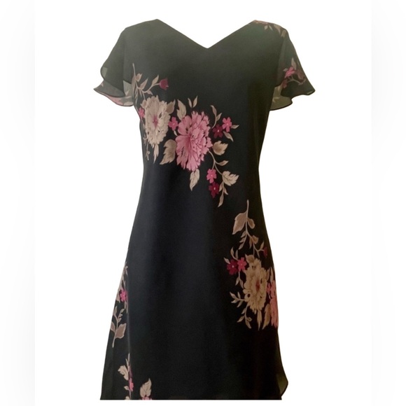 Black pink floral midi dress short sleeves, V-neckl asymmetrical hem 10 Petite - Picture 4 of 6